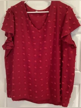 Women's Burgundy V-Neck Ruffle Sleeve Dotted Blouse